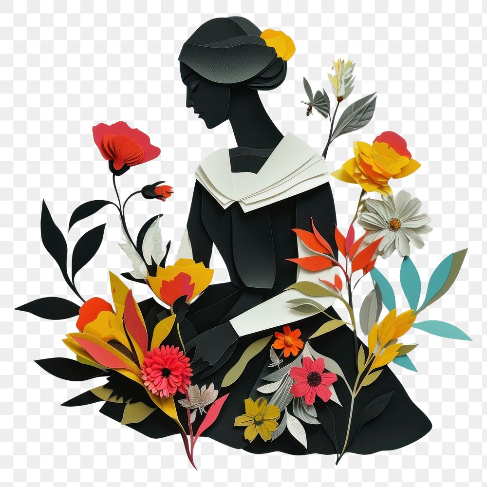PNG Cut paper collage with women art flower plant.