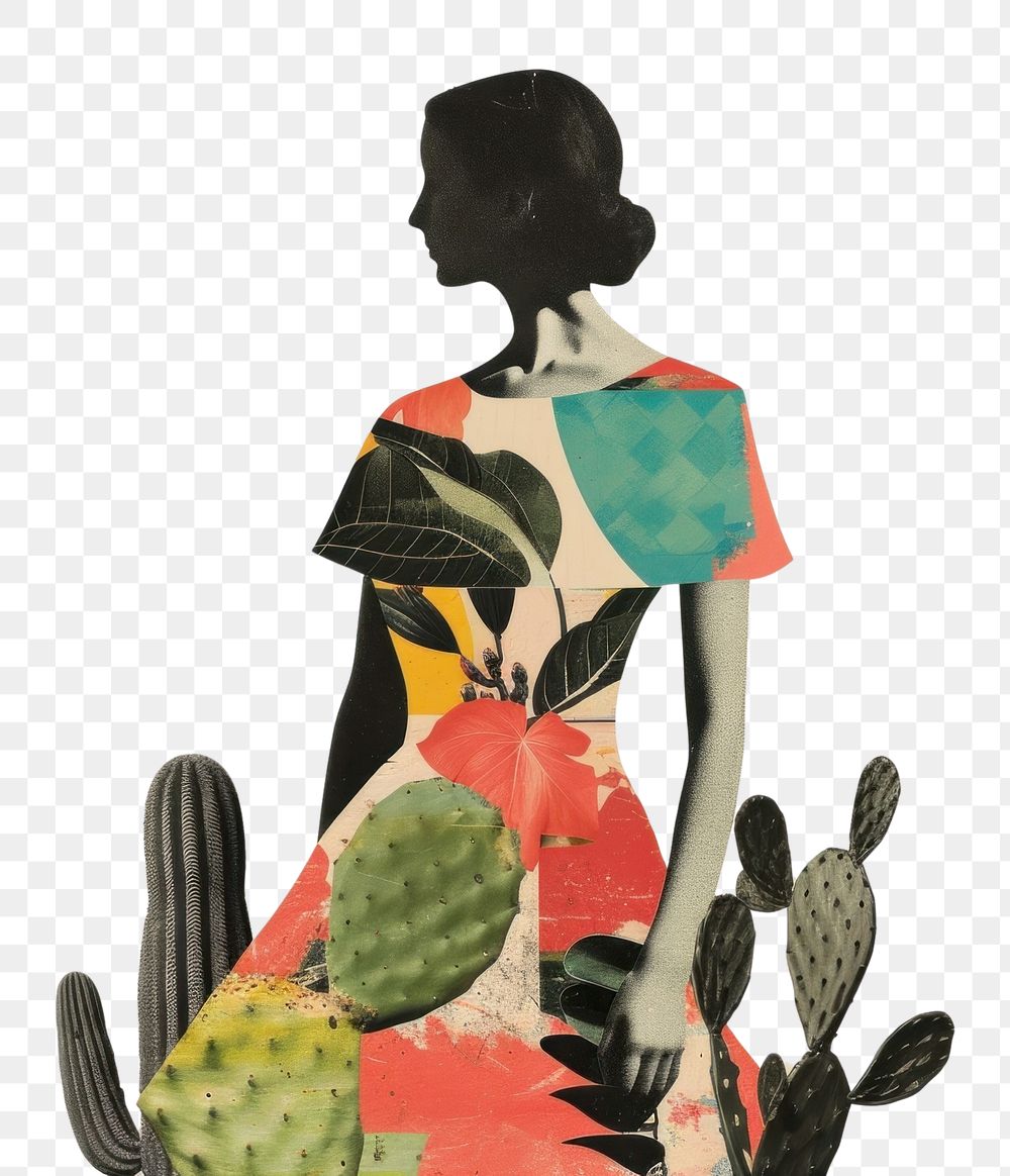 PNG Paper collage with a woman art cactus representation.