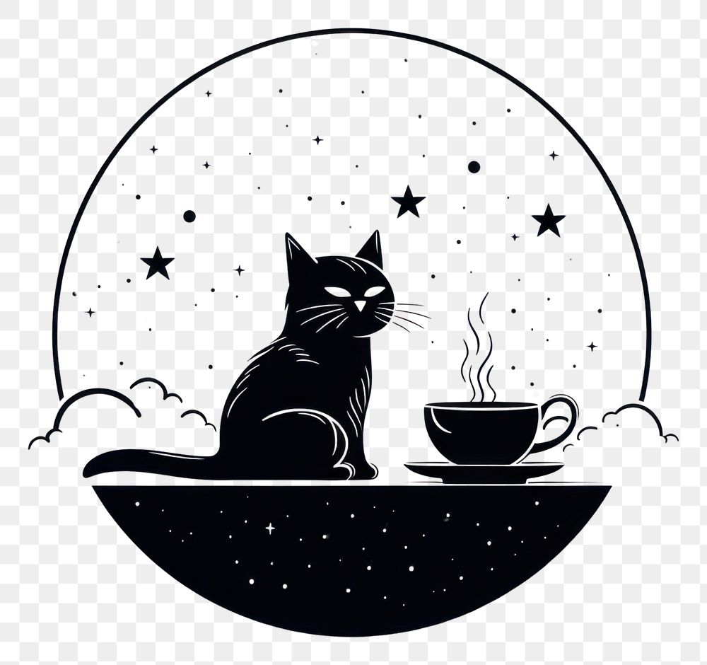 PNG Cat drink coffee celestial drawing mammal pet.