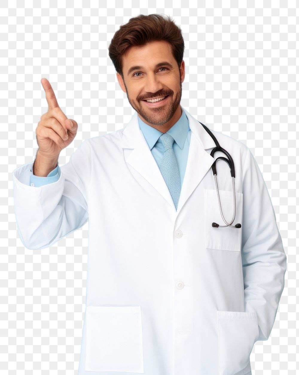 PNG A smiling male doctor is pointing at floating in air mini white board adult stethoscope accessories.