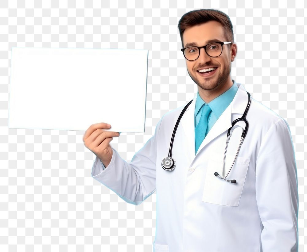 PNG A smiling male doctor is pointing at floating in air mini white board glasses adult stethoscope.