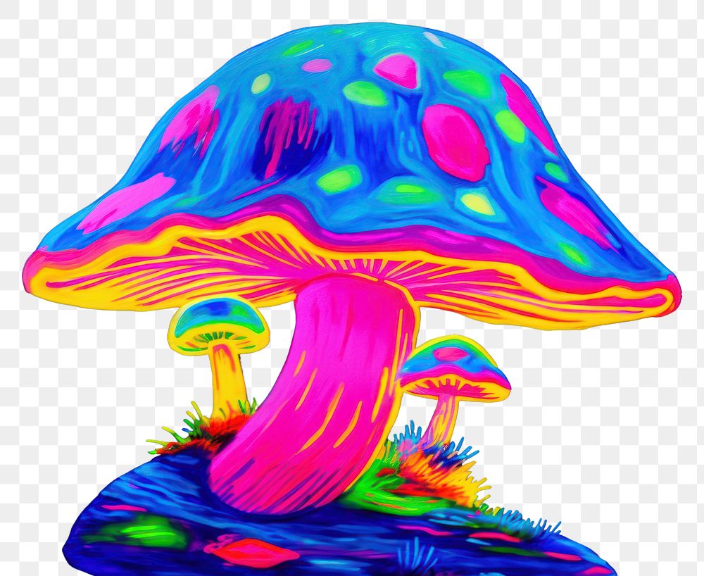 PNG Black light oil painting of a mushroom fungus purple yellow.