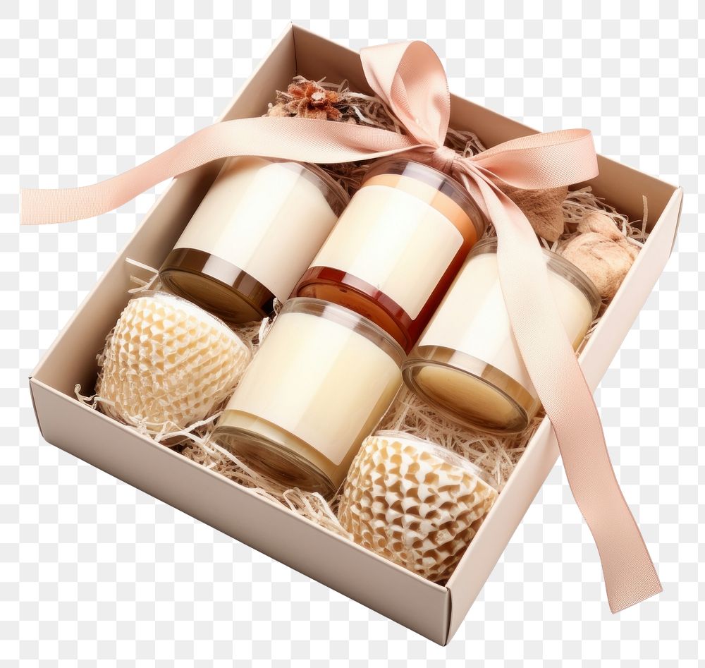 PNG A white blank jar candle set in box wrapped with honeycomb wrapping paper gift white background celebration.
