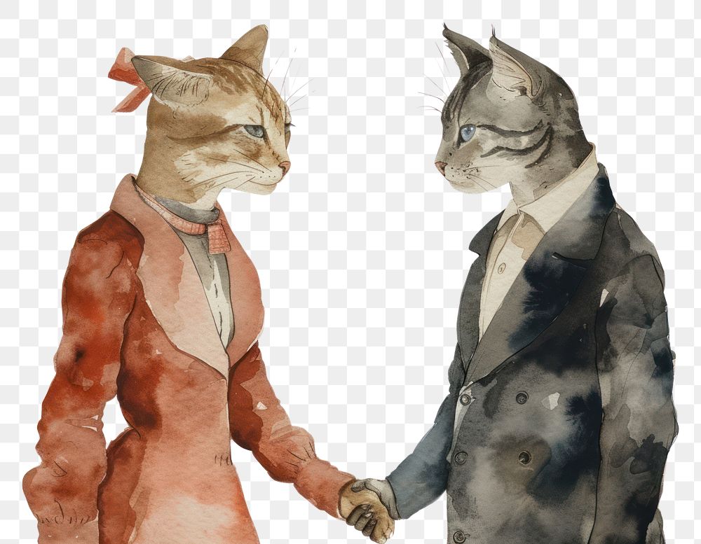 PNG  Two cats holding hands watercolor animal mammal adult.