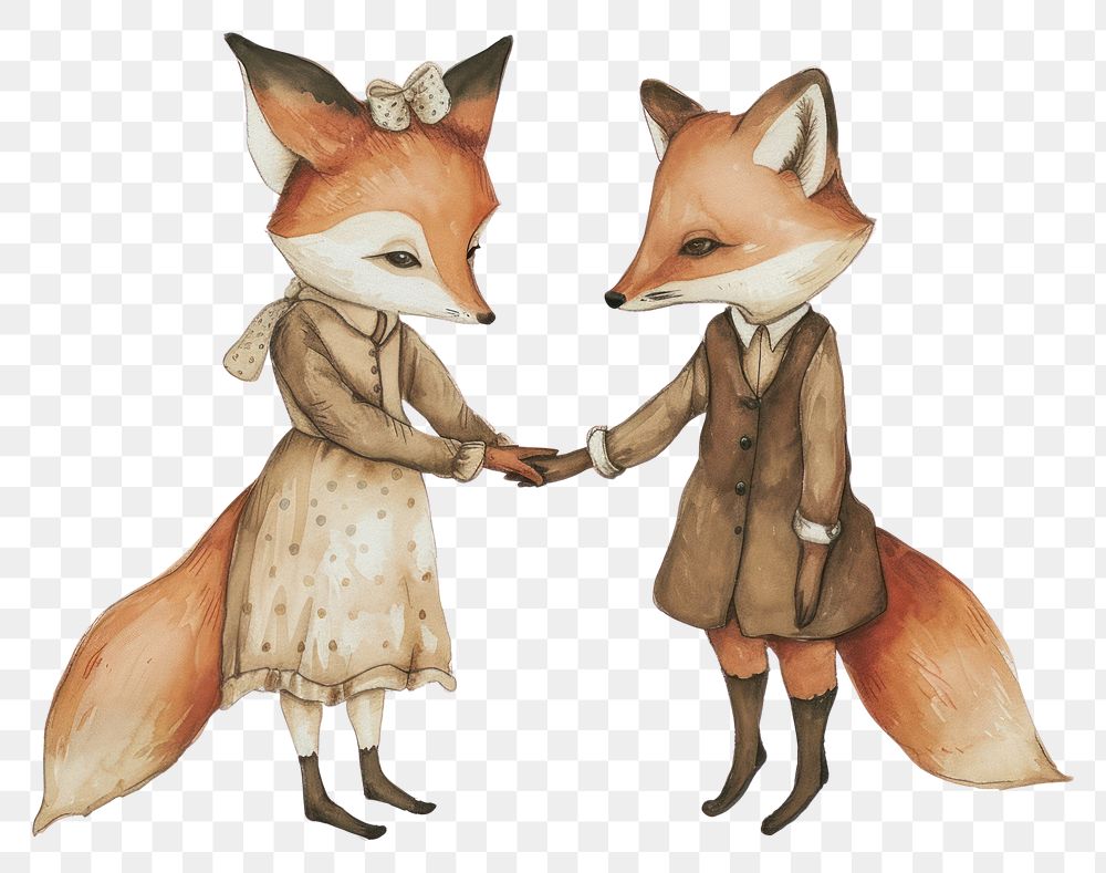 PNG  Two foxes holding hands watercolor animal mammal love.