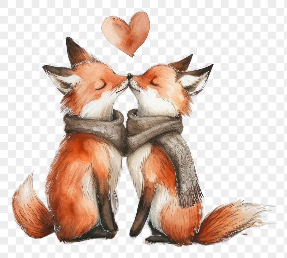 PNG  Two foxes hugging watercolor animal mammal art.