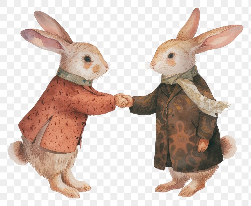 PNG  Two rabbits shaking hands watercolor rodent animal mammal.