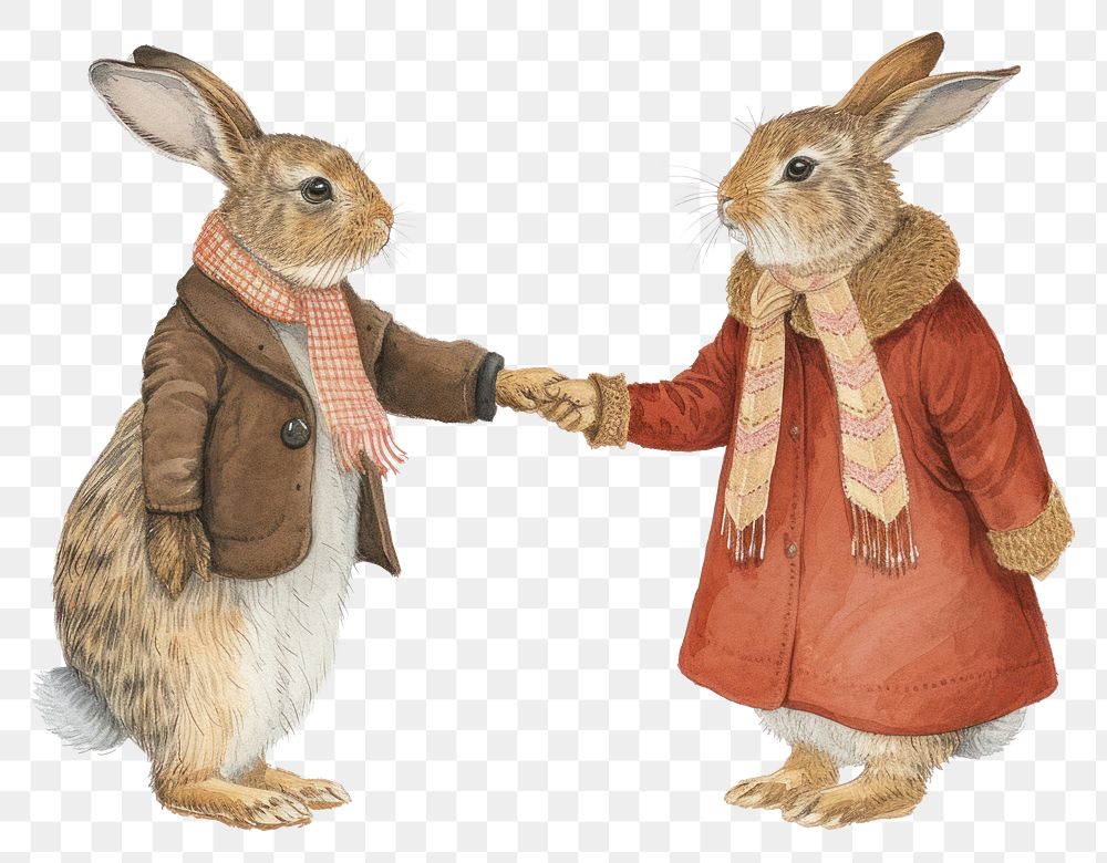 PNG  Two rabbits shaking hands watercolor animal mammal togetherness.