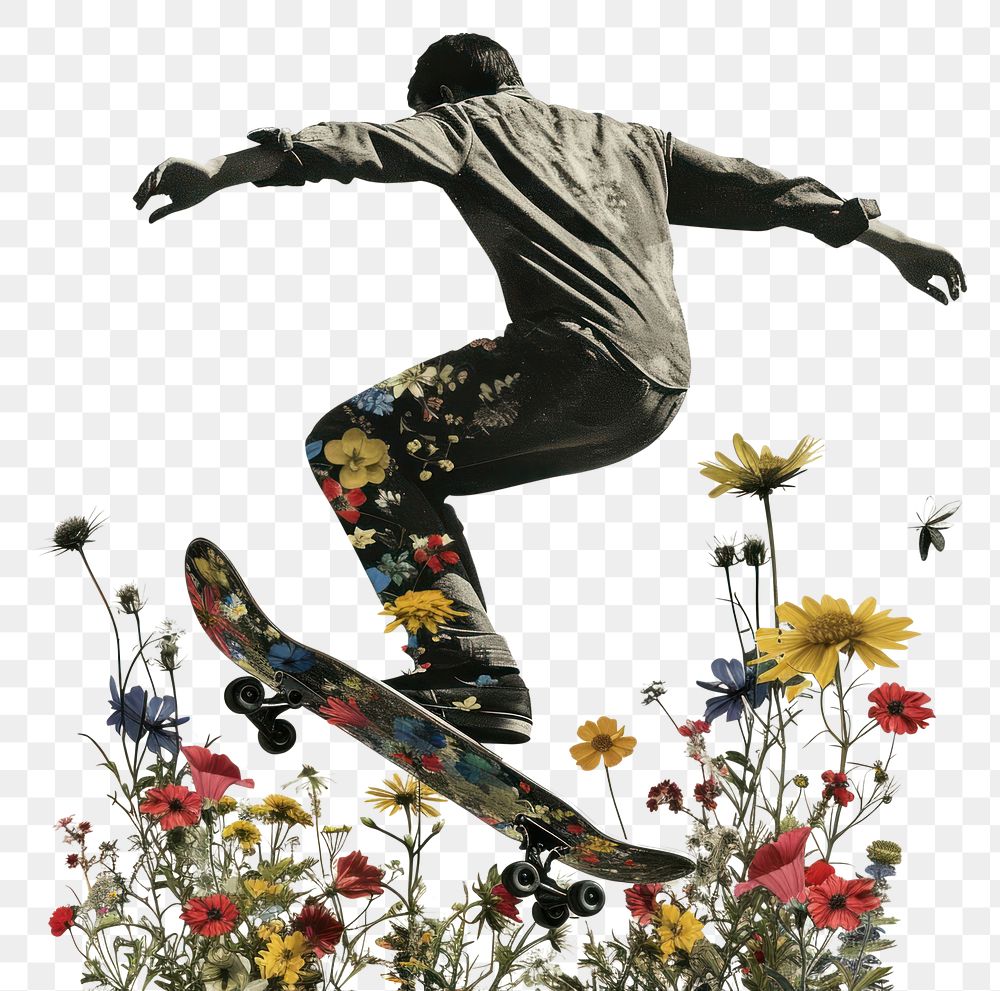 PNG Paper collage of skateboarding flower art outdoors.