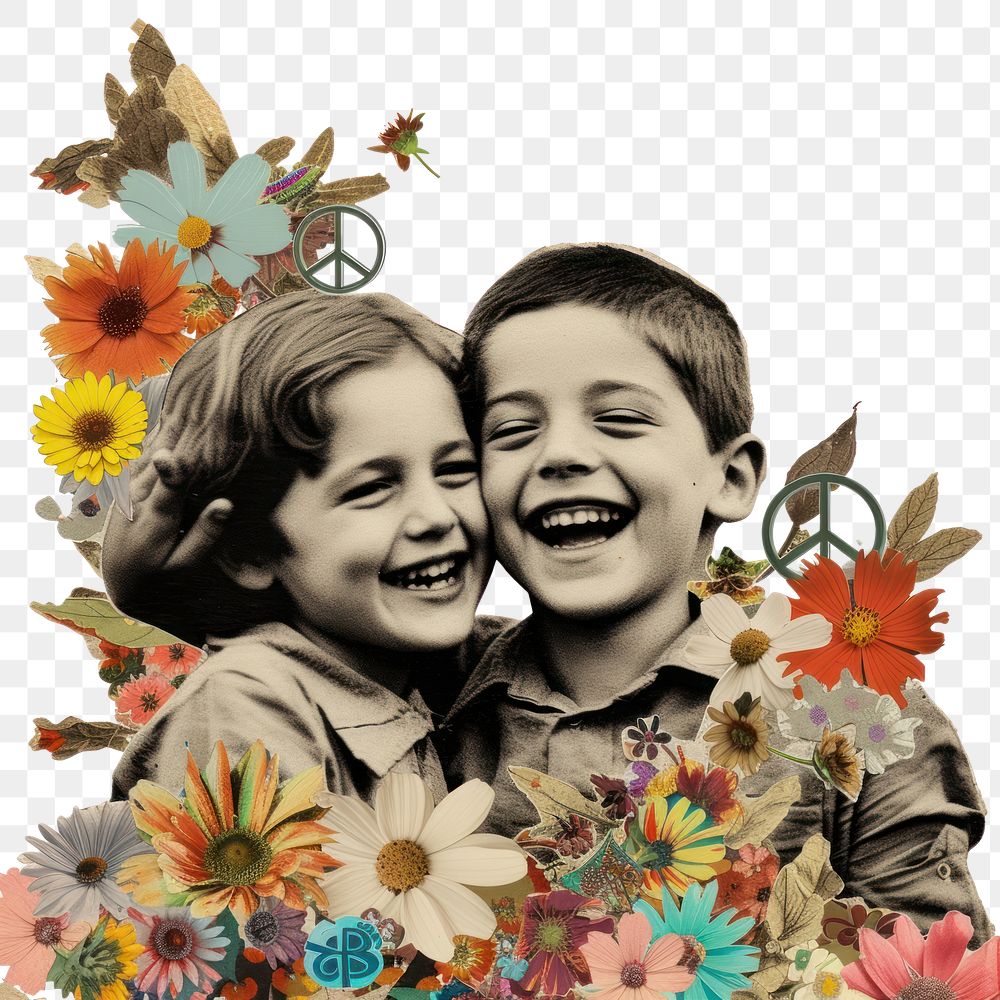PNG Paper collage of two kids smiling flower portrait plant.