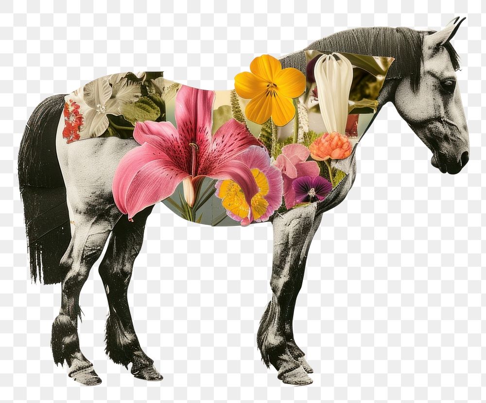PNG Paper collage of horse flower art drawing.