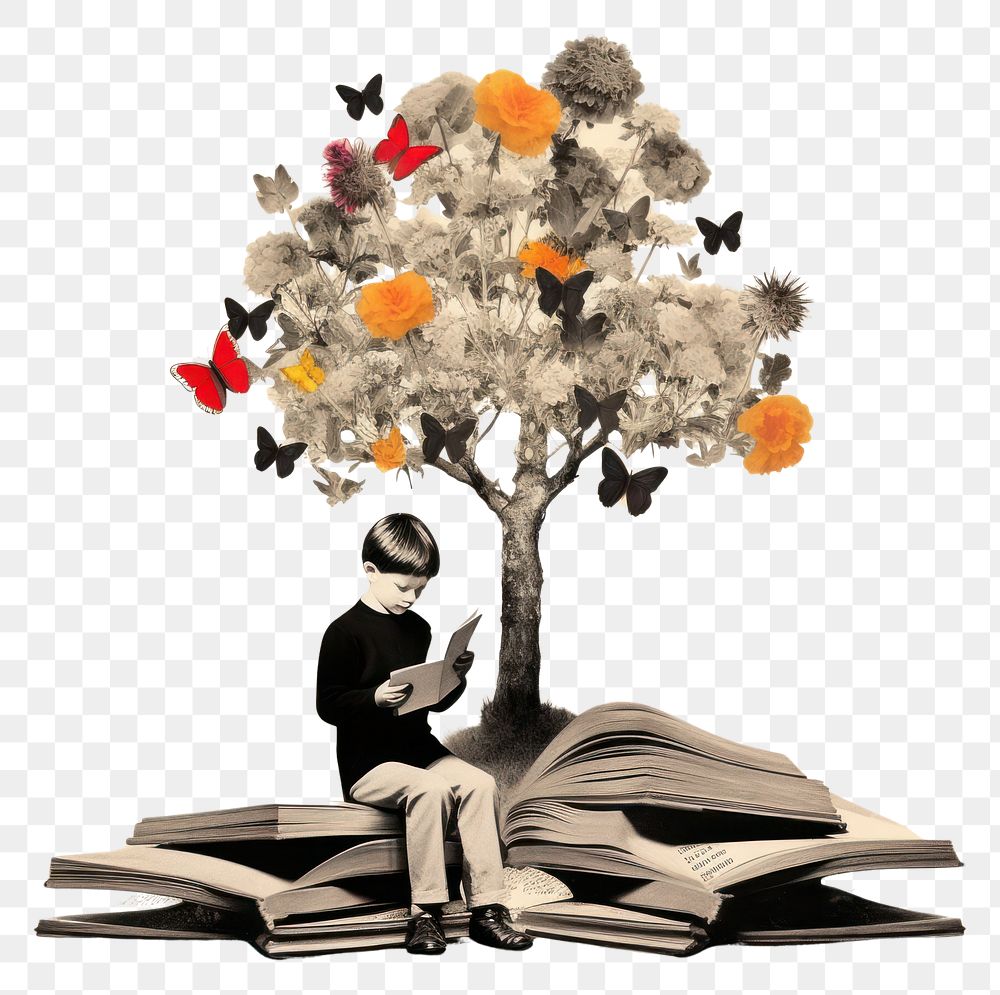 PNG Collage of kid reading book flower tree art