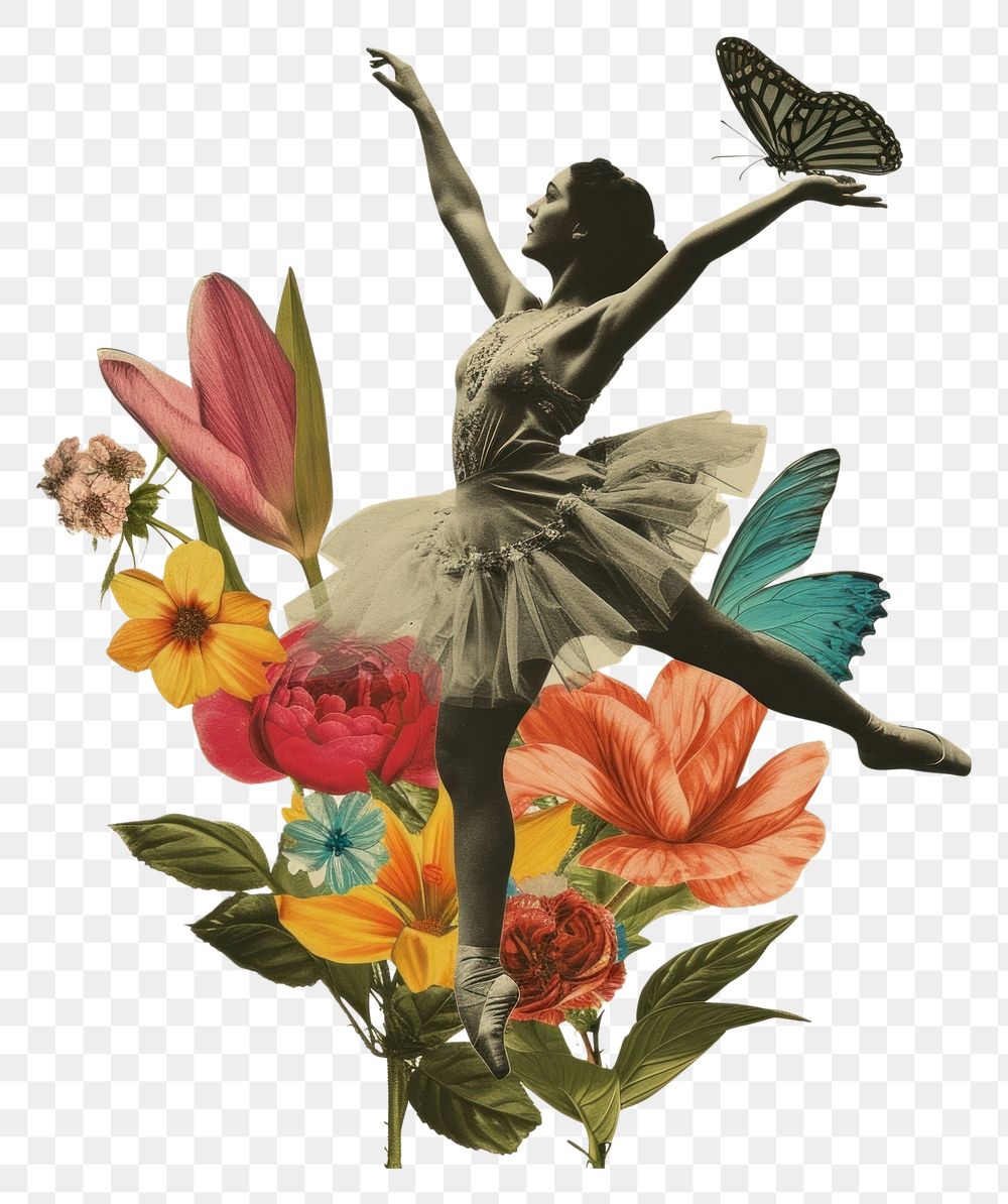 PNG Collage of ballet girl dancing flower art butterfly.
