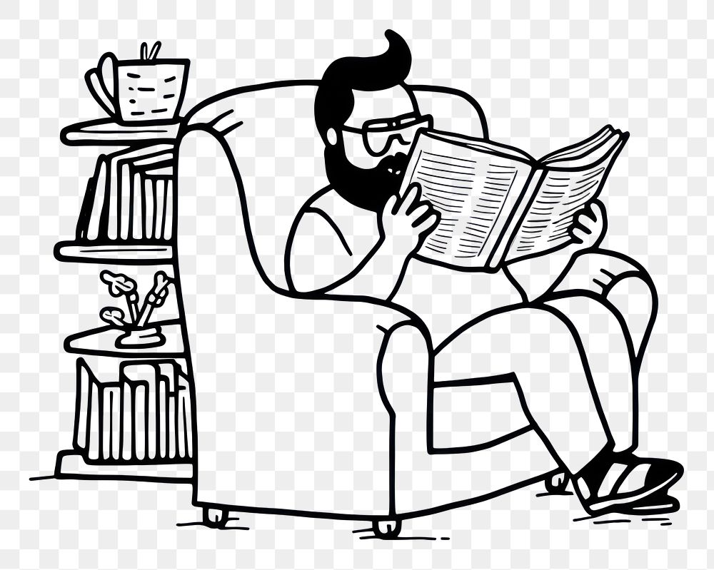 PNG  Man reading a book drawing furniture armchair.