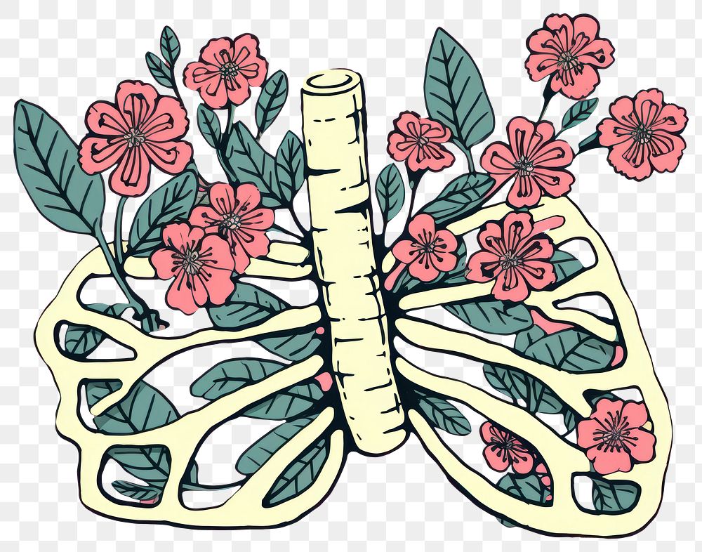 PNG  Lung with flower drawing cartoon sketch.
