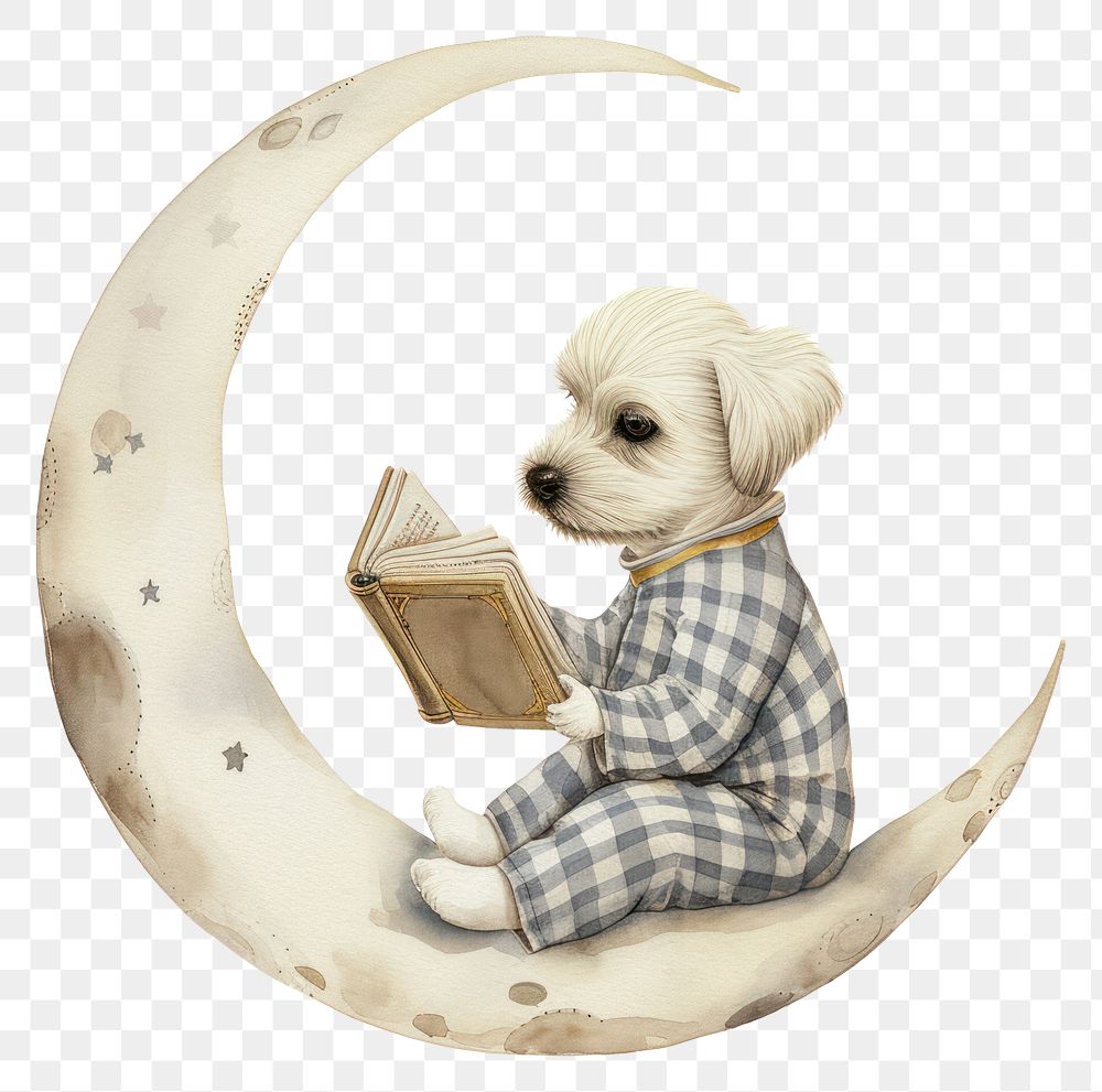 PNG  Cute dog watercolor reading mammal moon