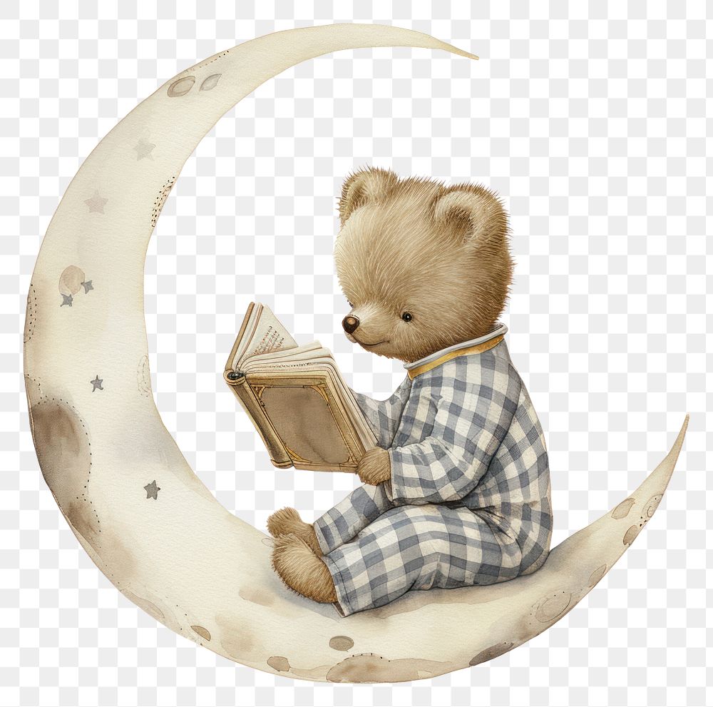 PNG  Teddy bear watercolor reading holding moon