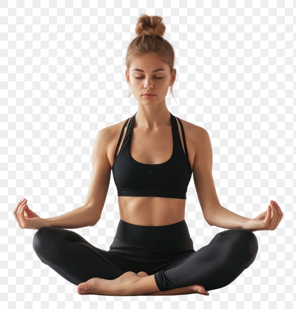PNG Young woman practicing yoga sitting in the lotus position sports adult concentration