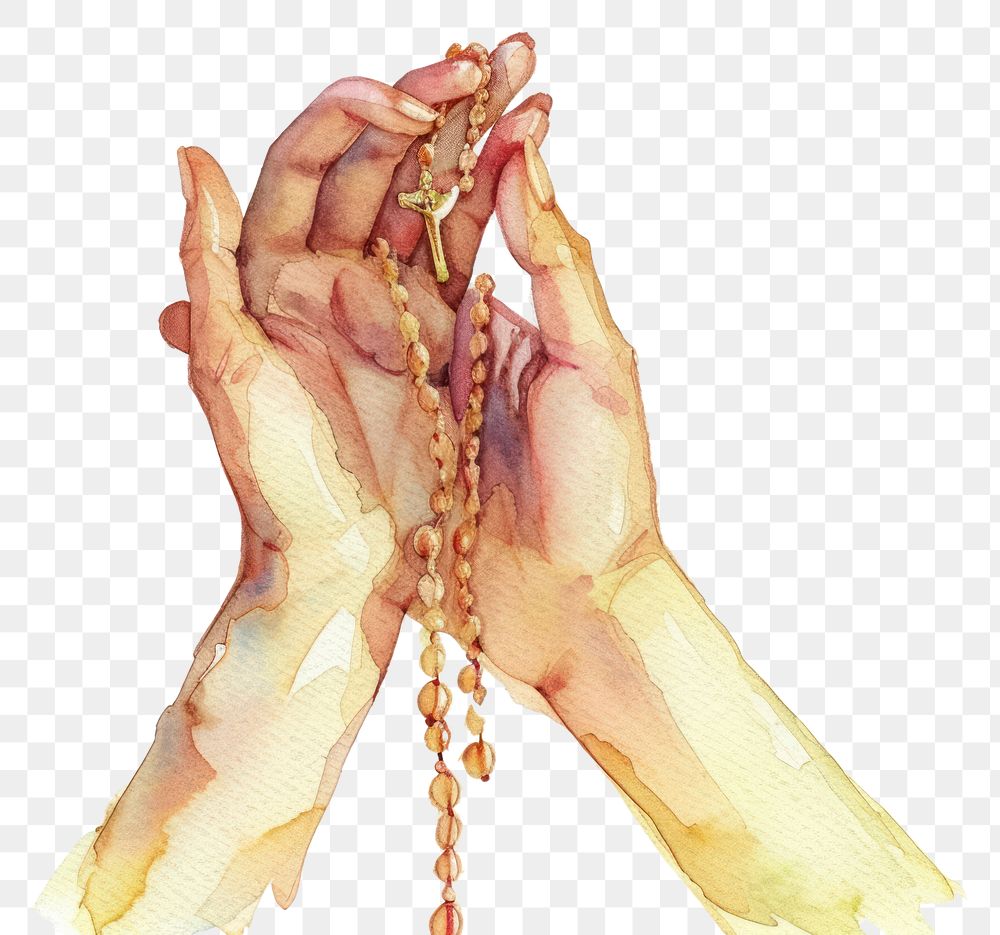 PNG  Watercolor illustration hand holding rosary jewelry finger accessories.
