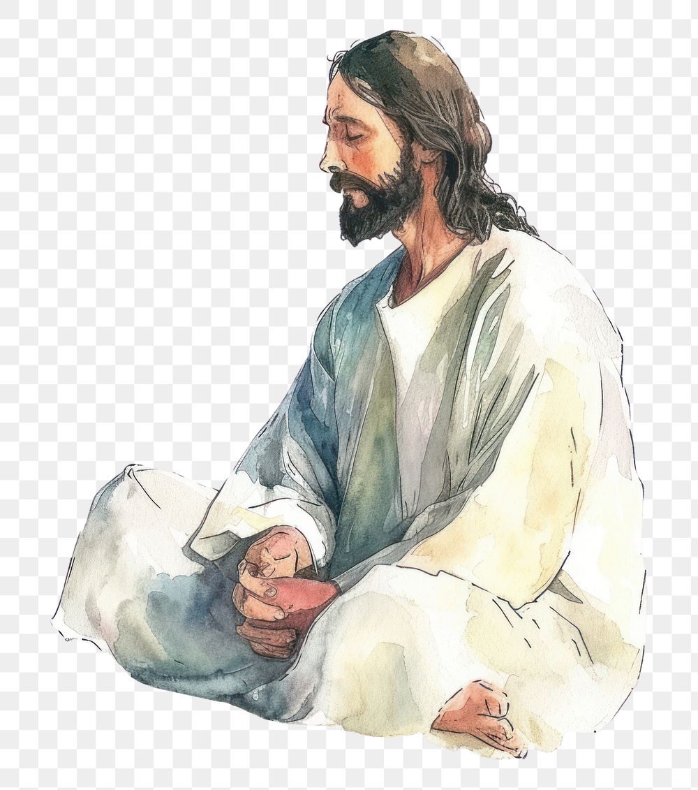 PNG  Watercolor illustration jesus sitting portrait drawing sketch.