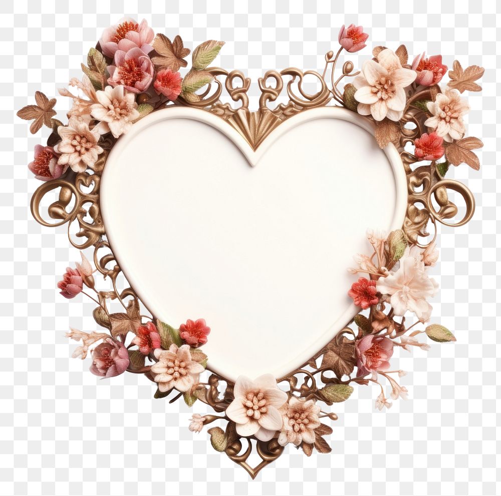 PNG Floral Heart design frame vintage flower heart white background.