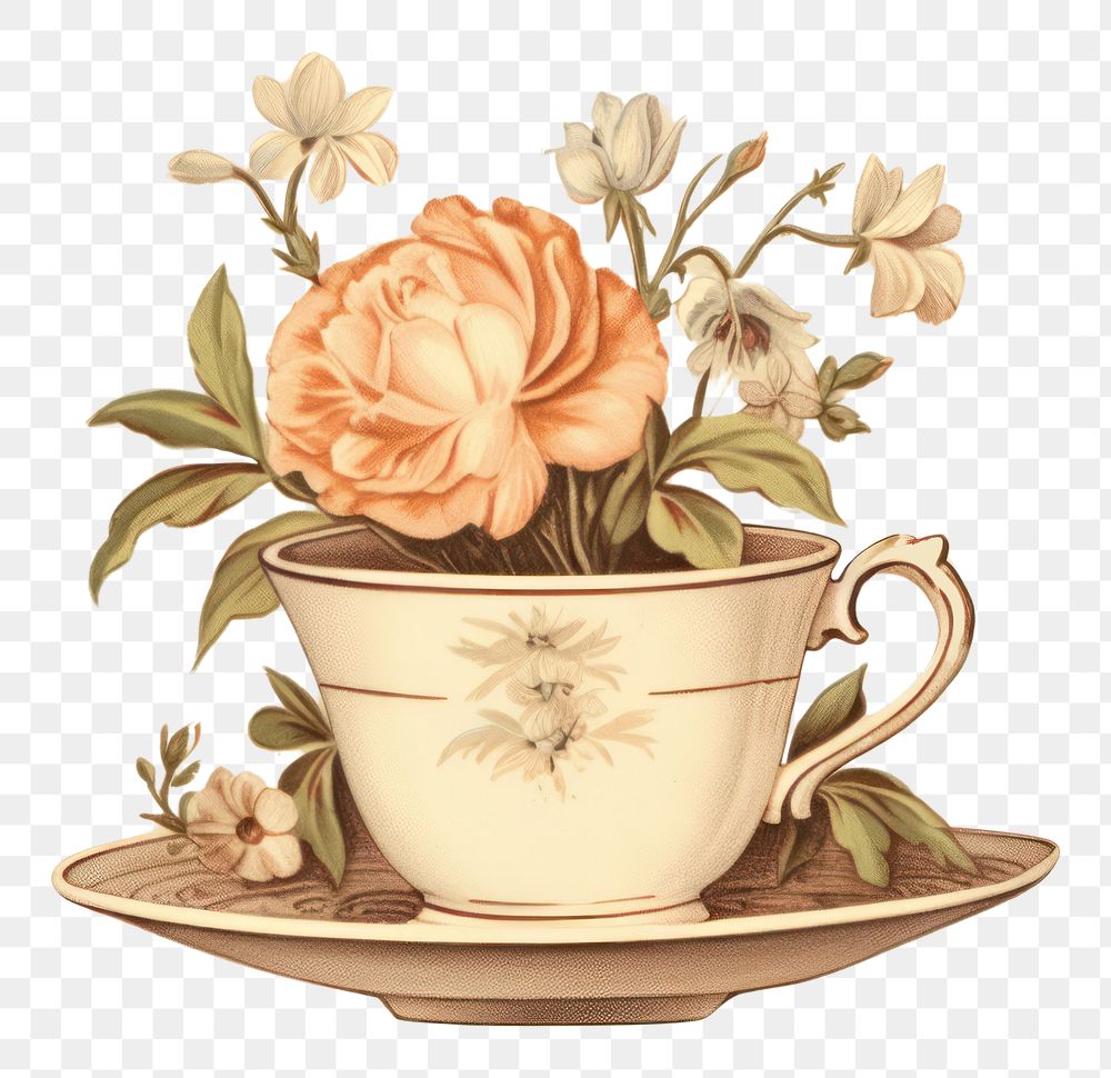 PNG Illustration of coffee cup and flower art painting saucer