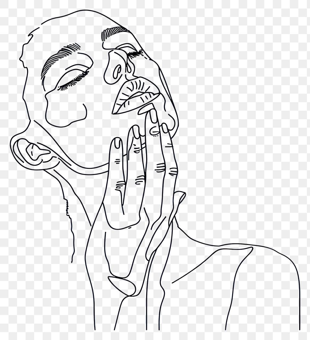 PNG  Person touching face sketch drawing hand.