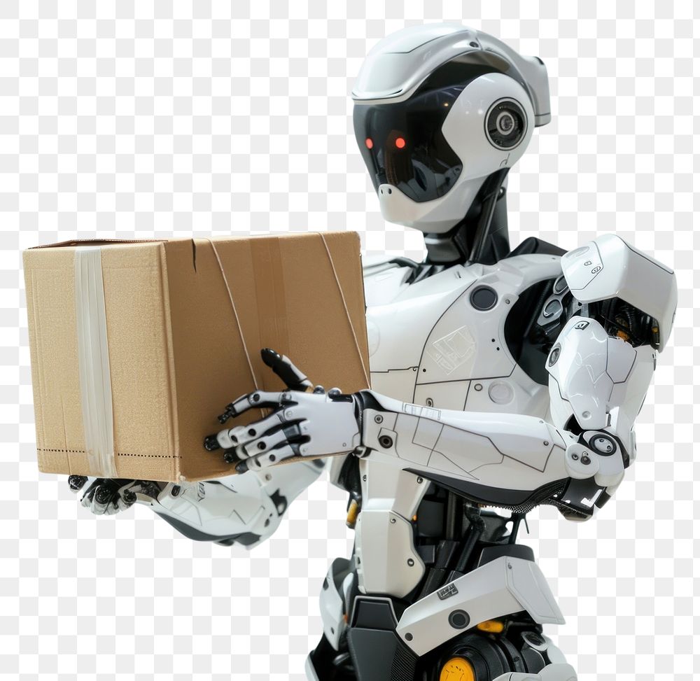 PNG  Robot holding parcel futuristic cardboard box.