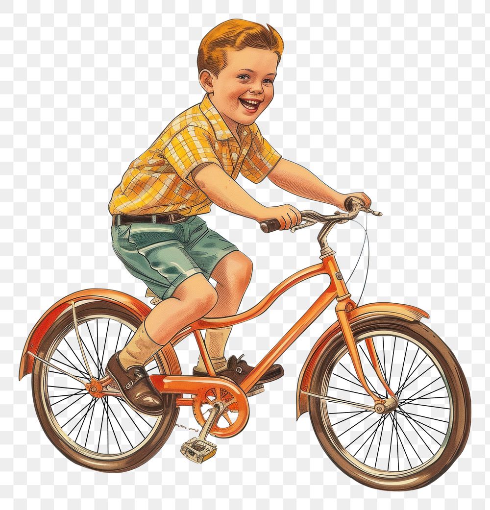 PNG Vintage illustration boy bicycle vehicle cycling.