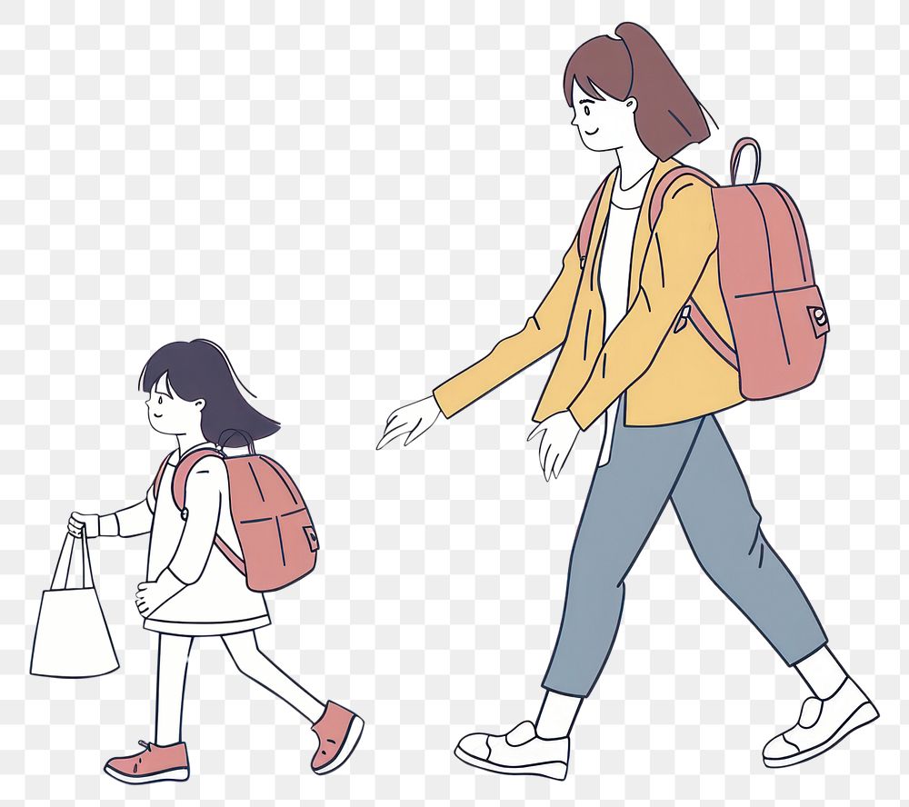 PNG Mother and daughter walking flat illustration footwear handbag line.