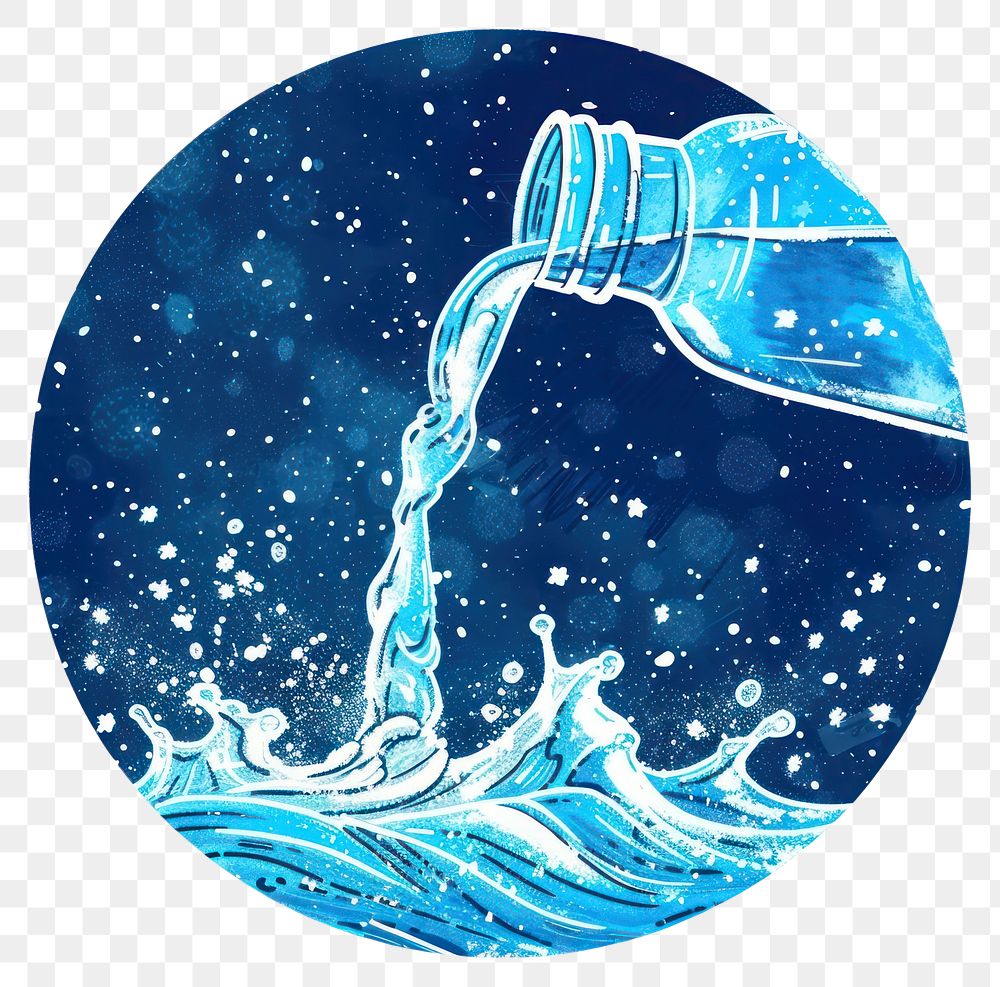 PNG  Risograph printing illustration of Aquarius pouring water refreshment.