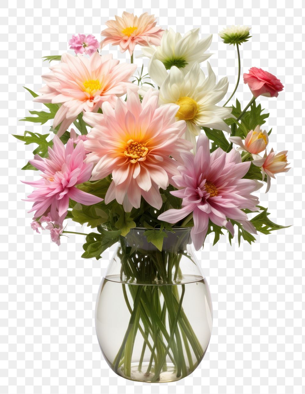 PNG A bouquet of different flowers vase dahlia daisy.