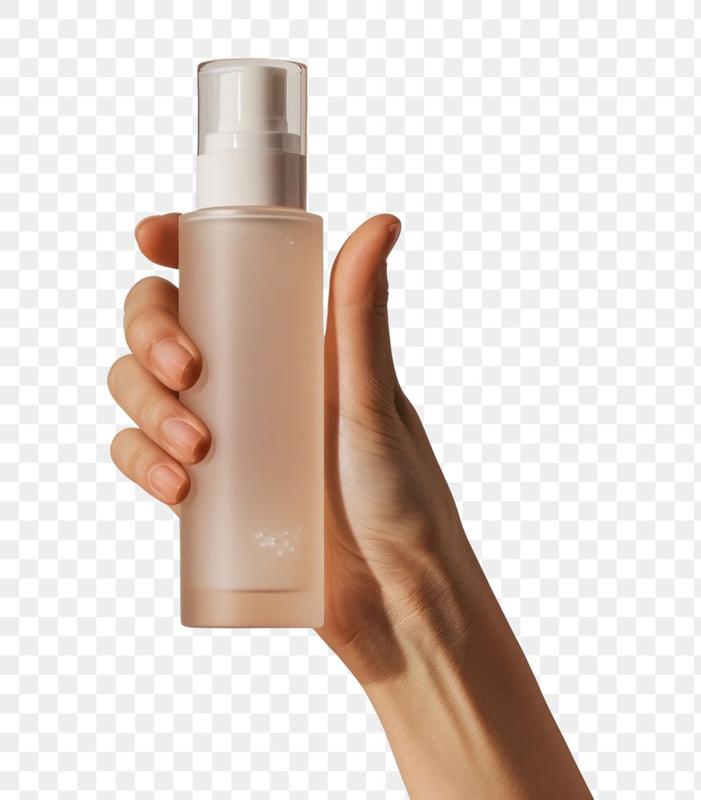 PNG  Hand holding skincare bottle cosmetics perfume container.