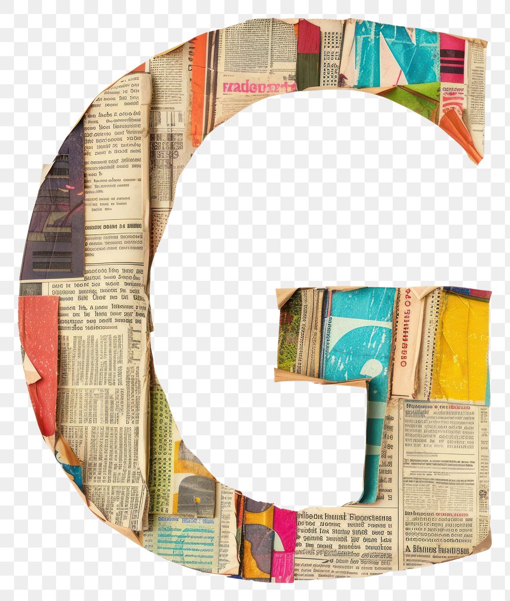 Magazine paper letter G collage number text.