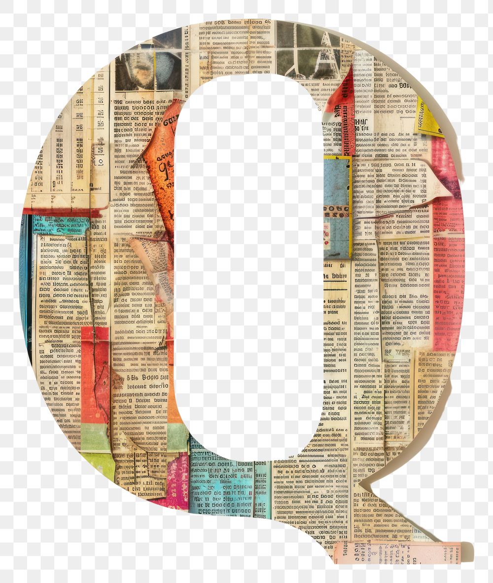Magazine paper letter Q number alphabet collage.