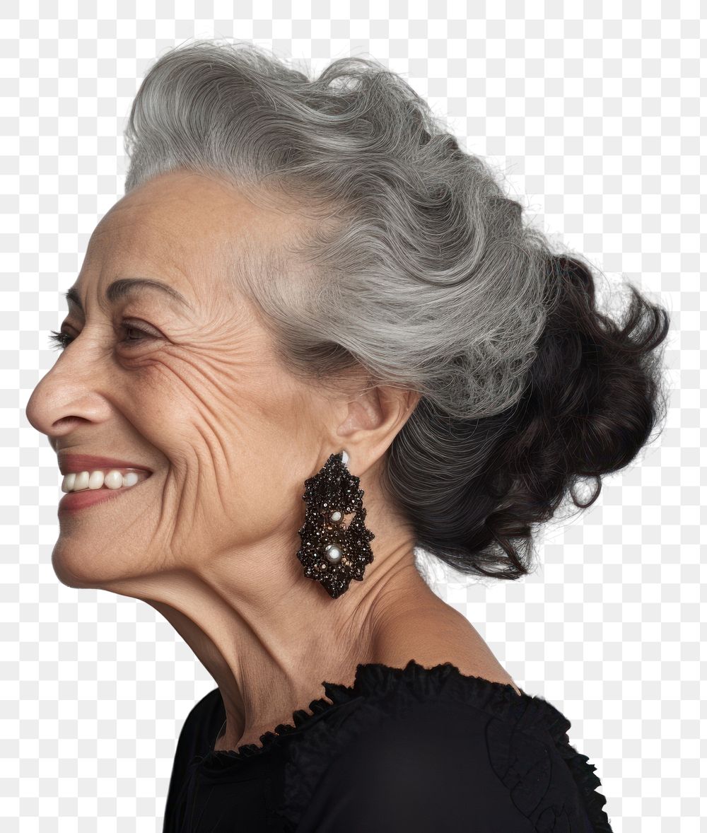 PNG Older woman hispanic portrait laughing jewelry.