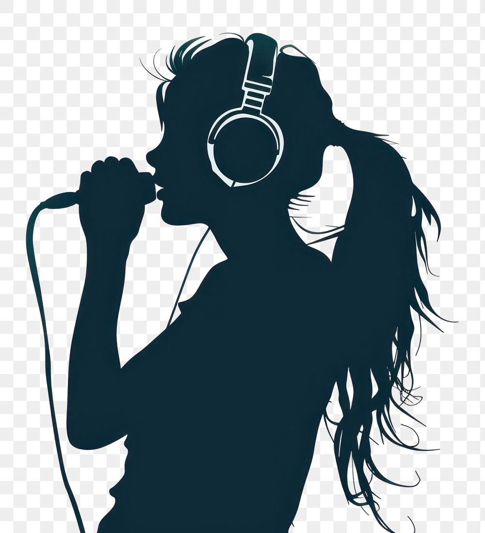 PNG A woman singing with a headphone on silhouette headphones microphone.