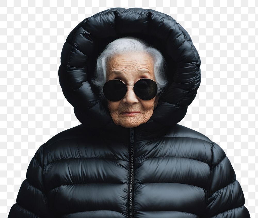 PNG Old woman wearing an black oversized puffer jacket hood portrait photo.