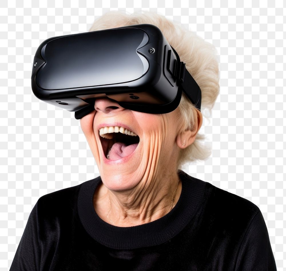 PNG Old woman VR-headset shouting smiling human.