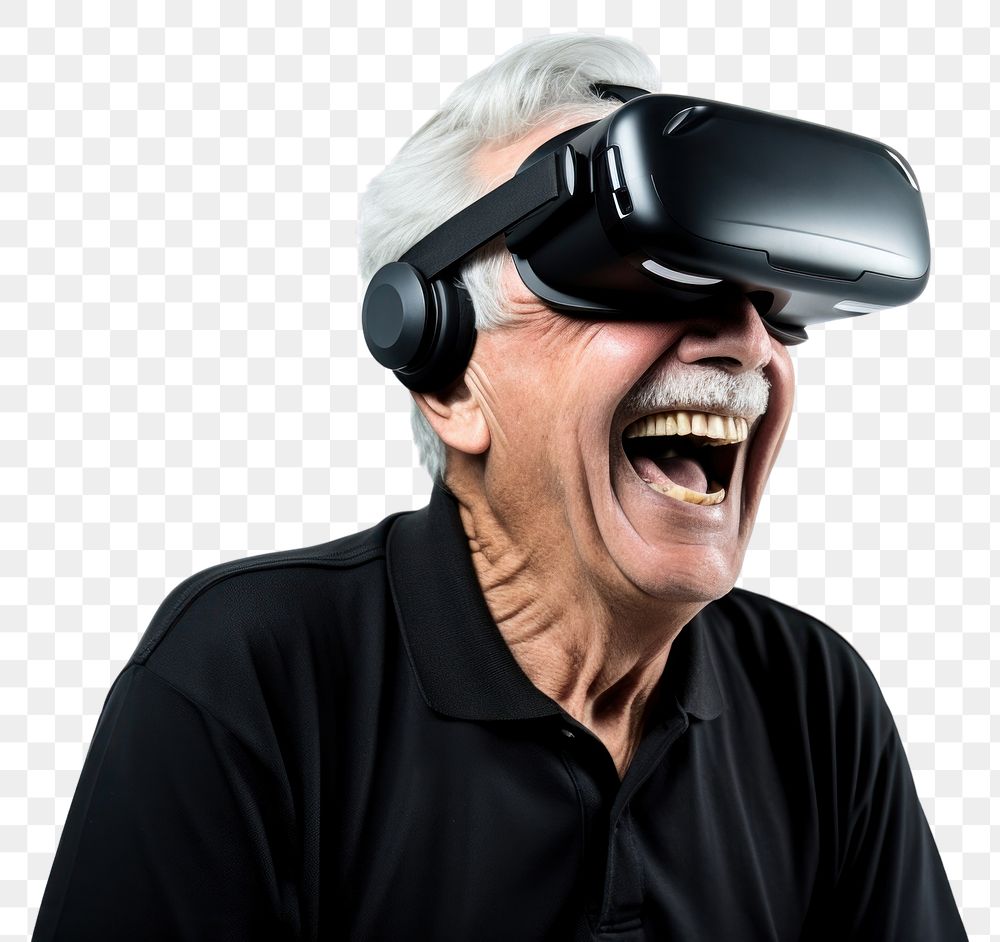 PNG Old man VR-headset shouting smiling human.
