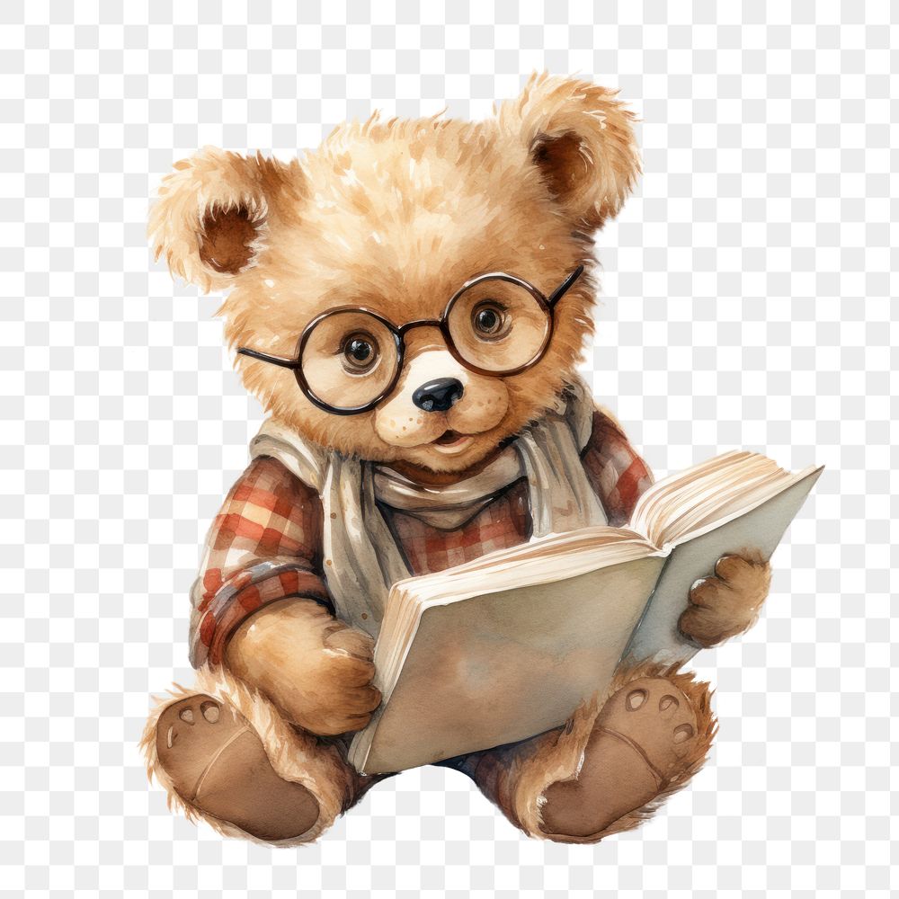 PNG Teddy bear with big book reading glasses mammal.