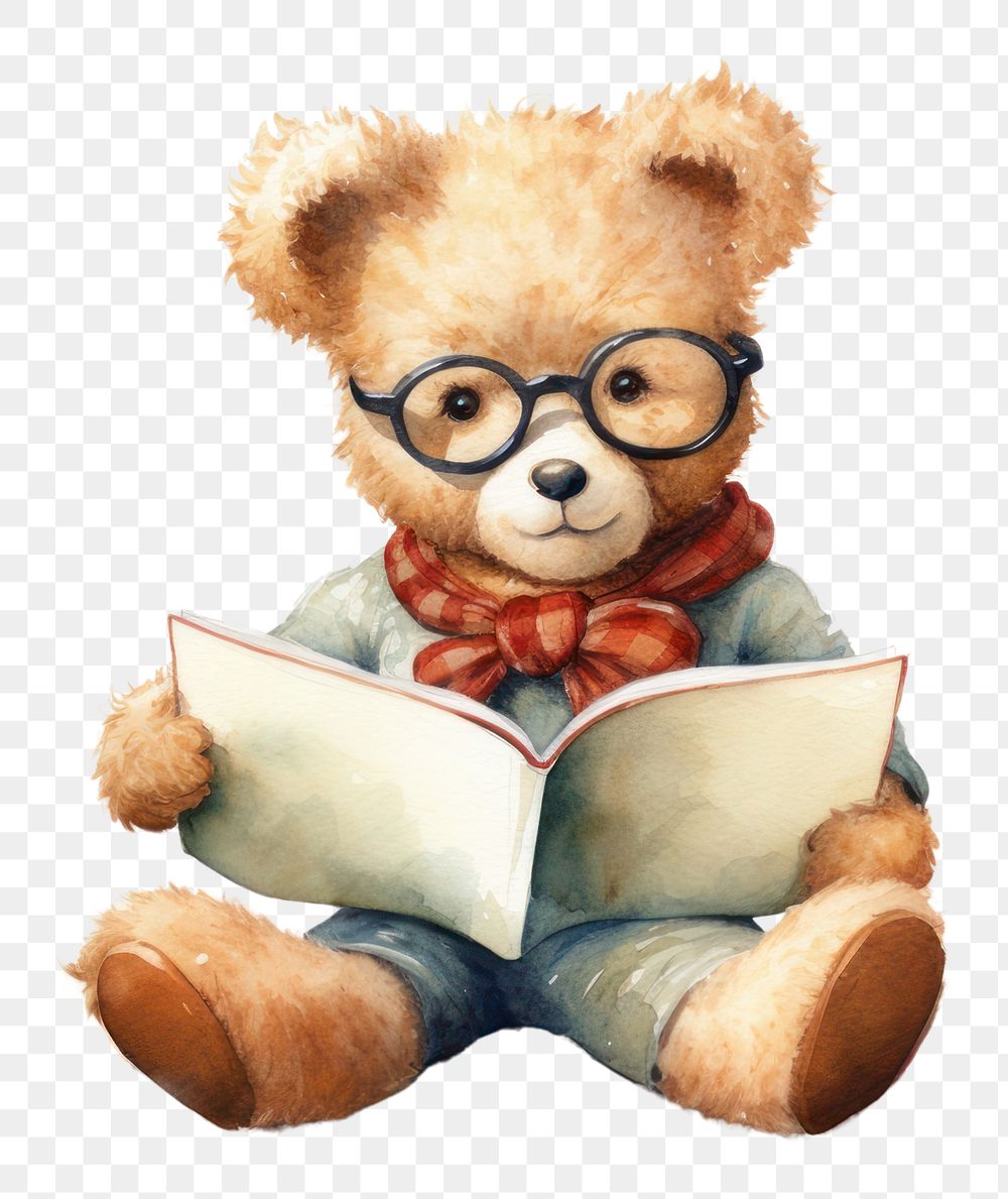 PNG Teddy bear holding a giant book glasses reading toy