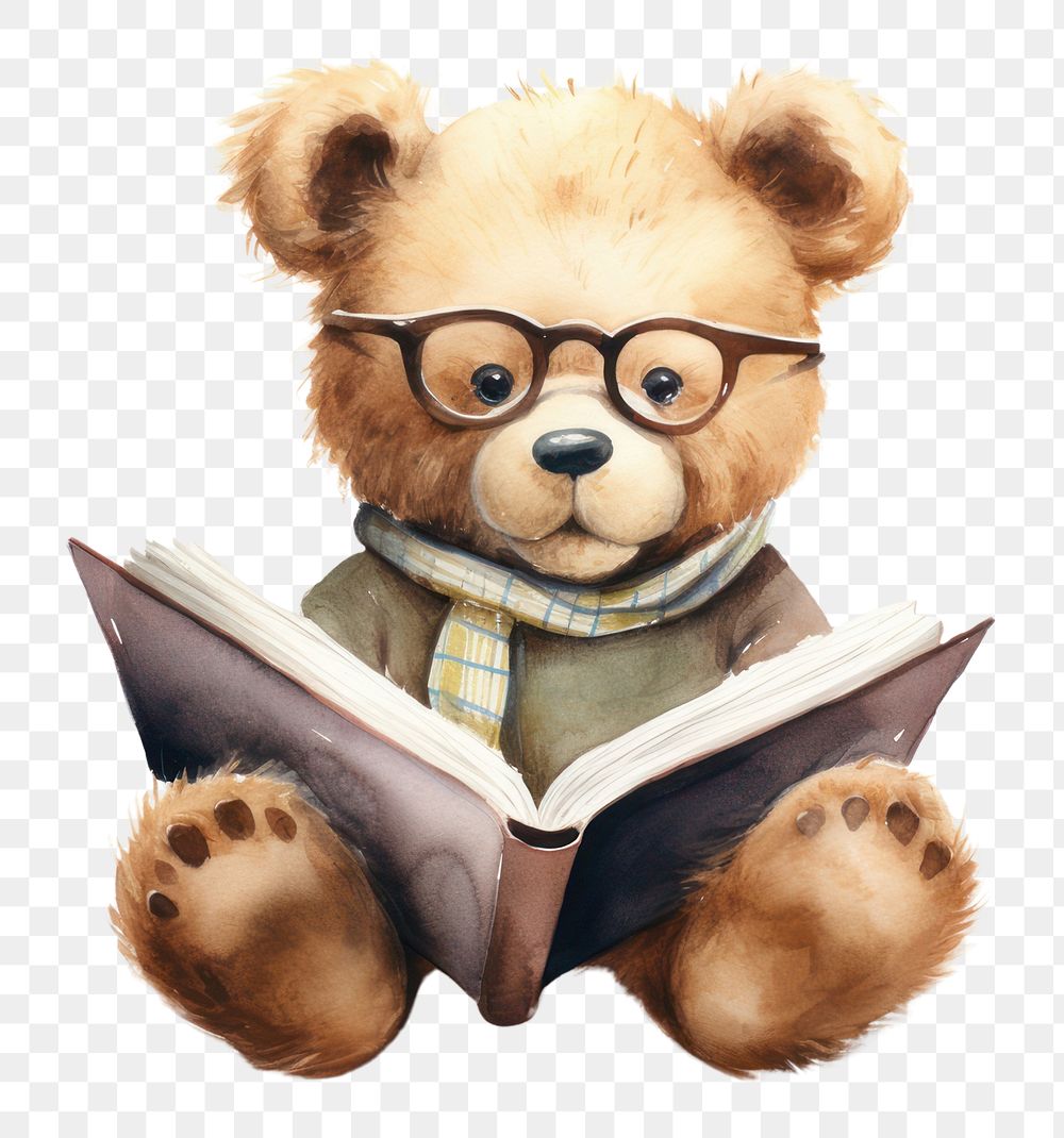 PNG Teddy bear holding a giant book glasses reading toy.