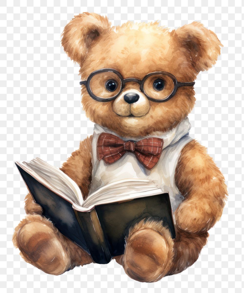 PNG Teddy bear with big book glasses reading toy.