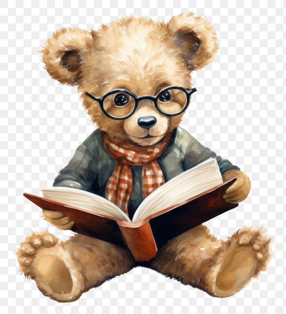 PNG Teddy bear with big book reading toy representation.