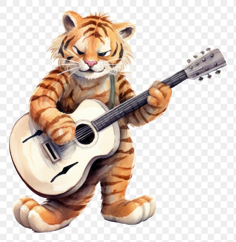 PNG Tiger holding a guitar mammal music white background.
