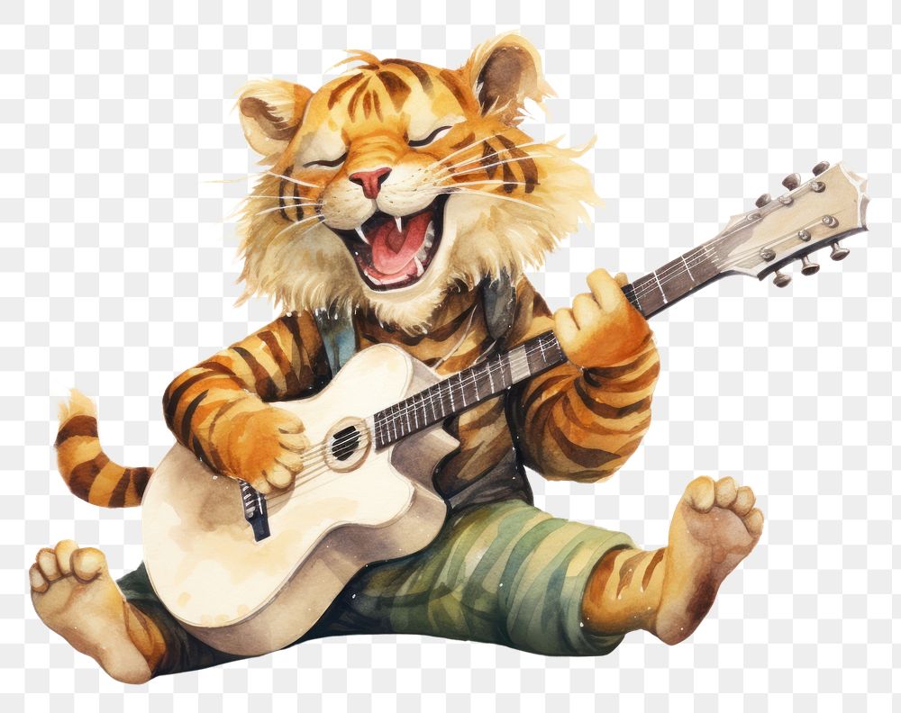 PNG Tiger holding a guitar representation performance relaxation.