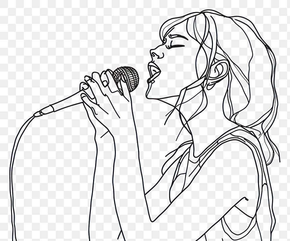 PNG Continuous line drawing girl singing with microphone sketch art entertainment.