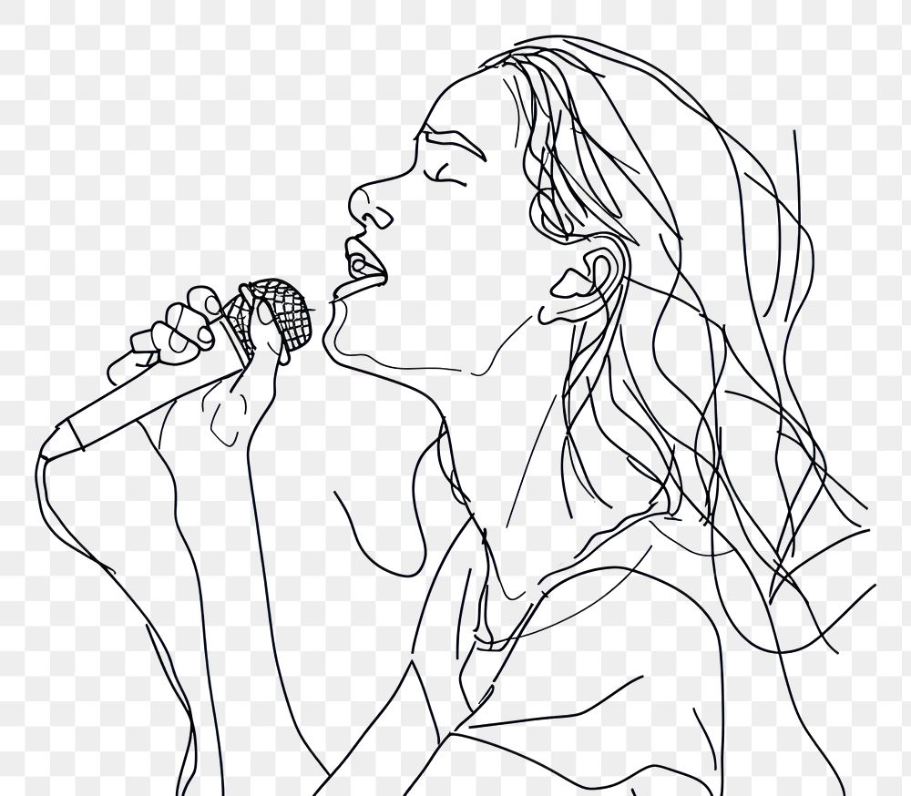 PNG Continuous line drawing girl singing with microphone sketch art entertainment.
