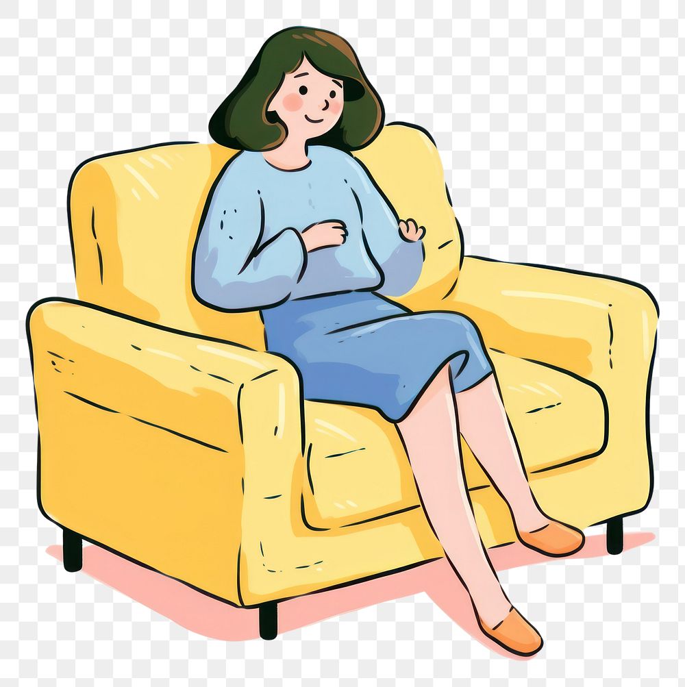 PNG Doodle illustration young girl sitting furniture armchair cartoon.
